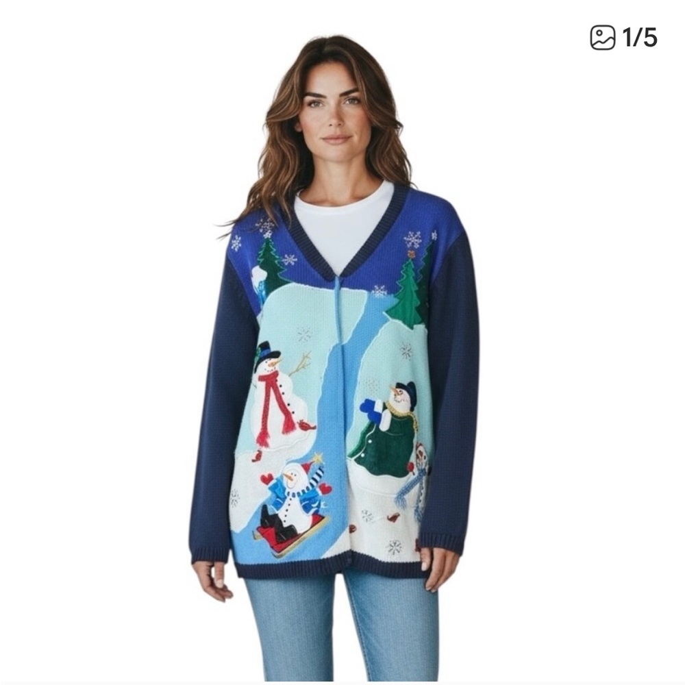 Quacker Factory sweater Snowman Cardigan V-neck button up holiday GrMa L winter